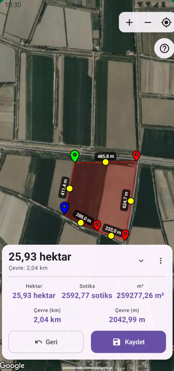 GeoMeter'da ölçülmüş bir tarla: alan ve çevre